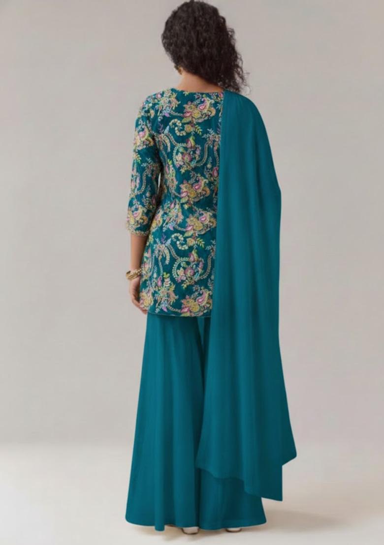 Teal Embroidered Crepe Sharara Set - Indya