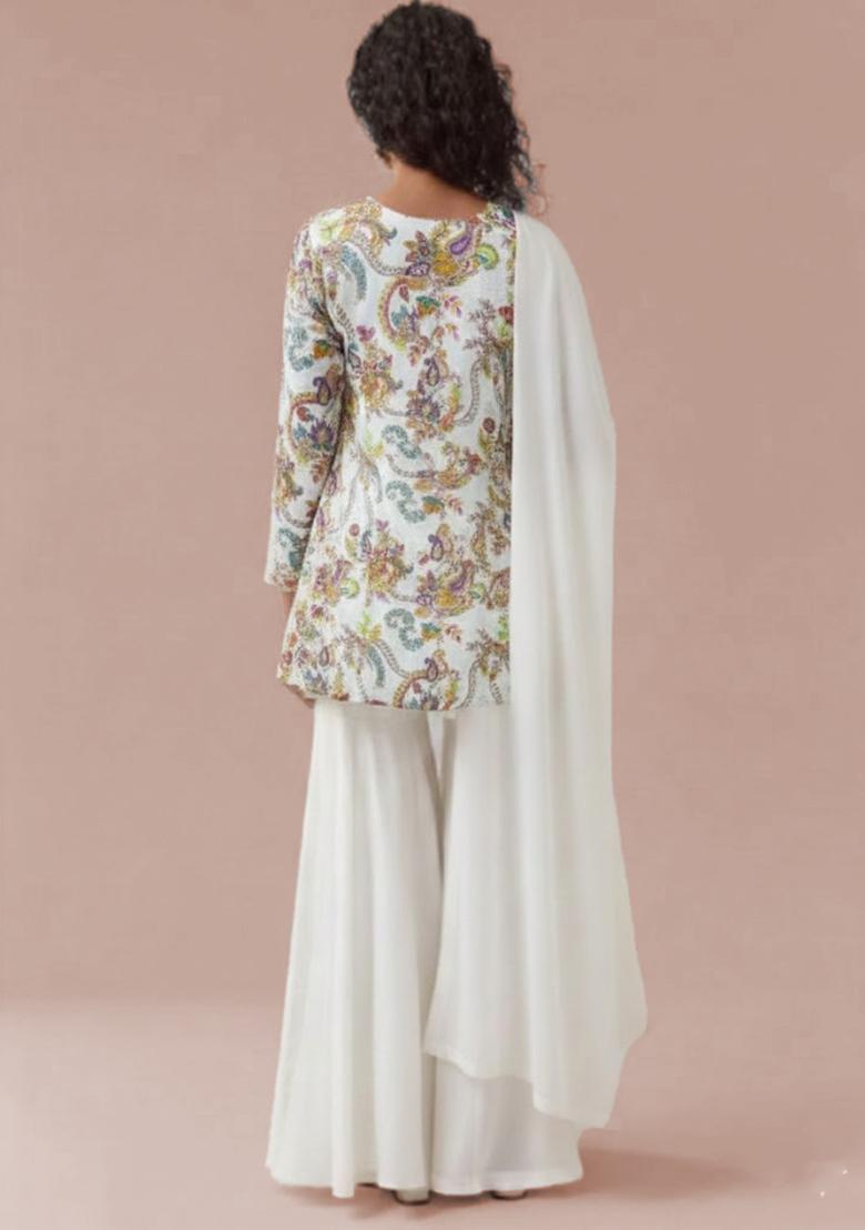 White Embroidered Crepe Sharara Set - Indya