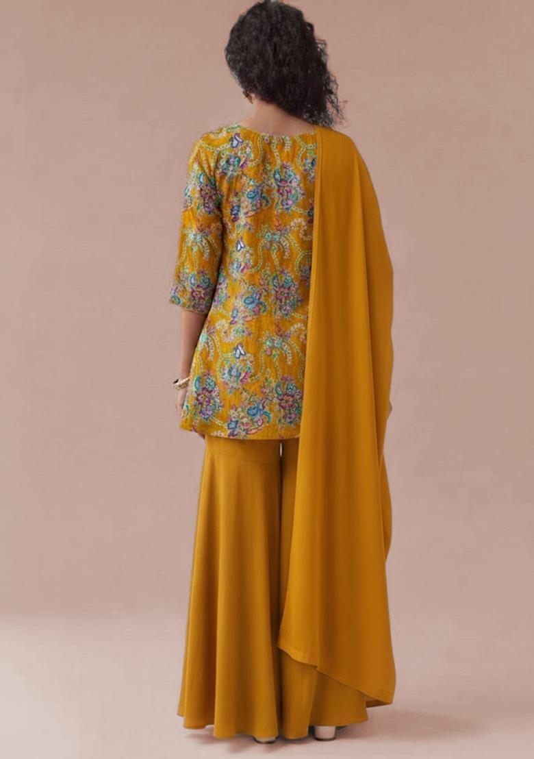 Yellow Embroidered Crepe Sharara Set - Indya