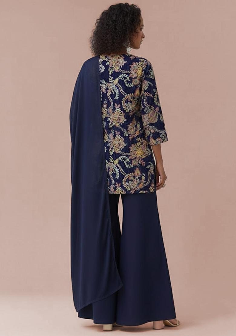 Purple Embroidered Crepe Sharara Set - Indya