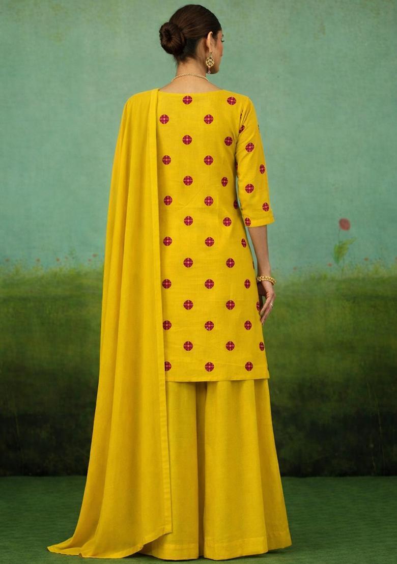 Mustard Printed Satin Kurta Set - Indya