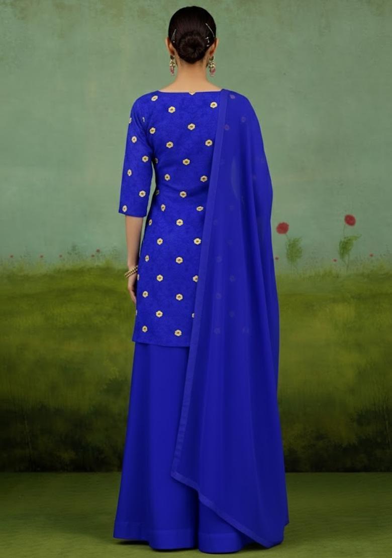 Royal Blue Printed Satin Kurta Set - Indya