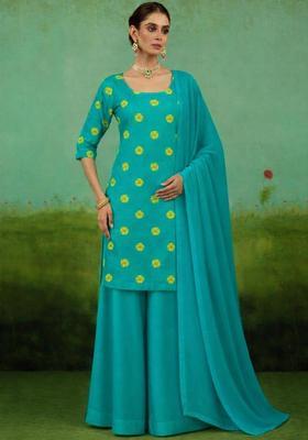 Blue Printed Satin Kurta Set