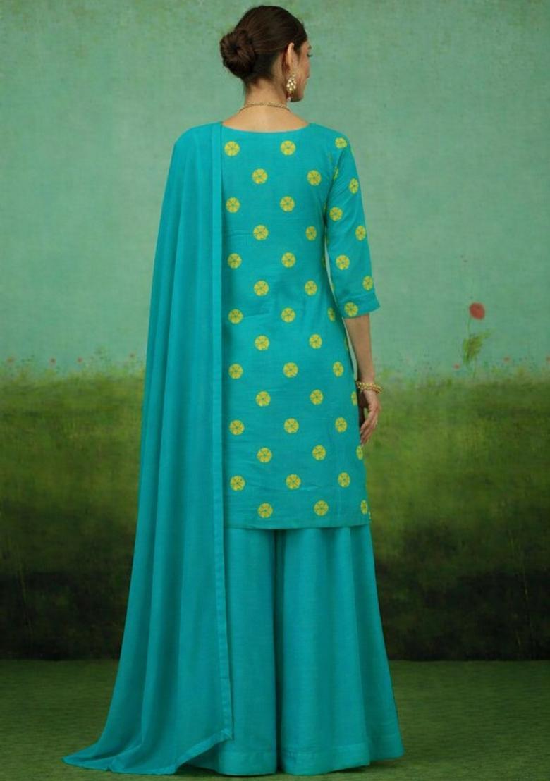 Blue Printed Satin Kurta Set - Indya