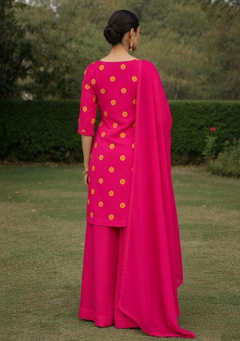 Hot Pink Printed Satin Kurta Set - Indya