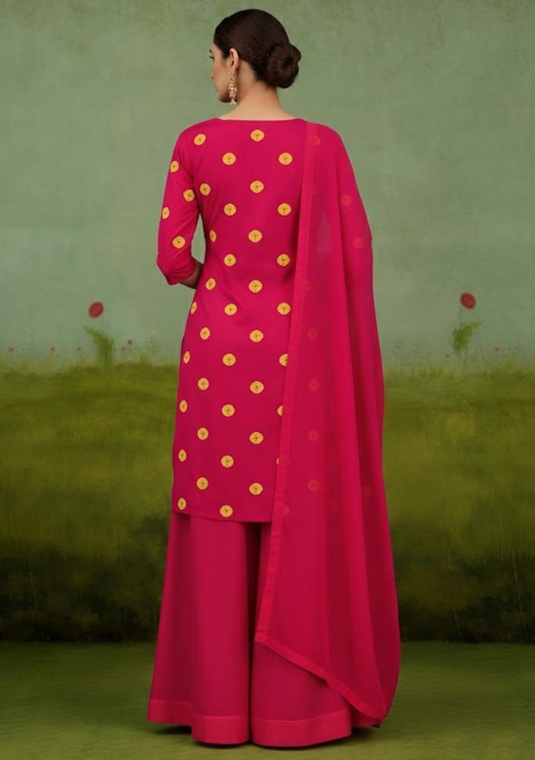 Pink Printed Satin Kurta Set - Indya
