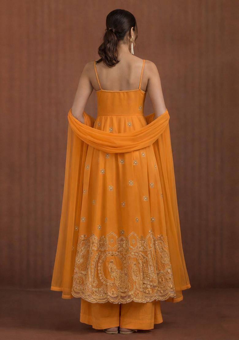 Mustard Printed Crepe Anarkali Set - Indya