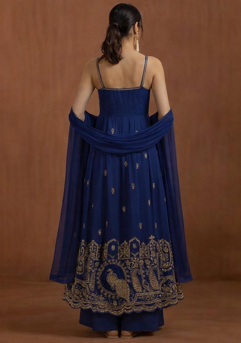 Blue Printed Crepe Anarkali Set - Indya