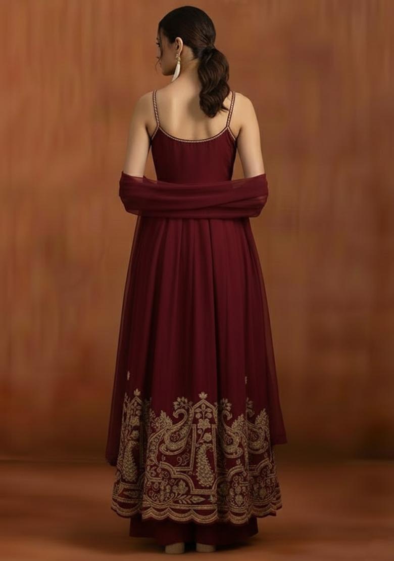 Maroon Printed Crepe Anarkali Set - Indya