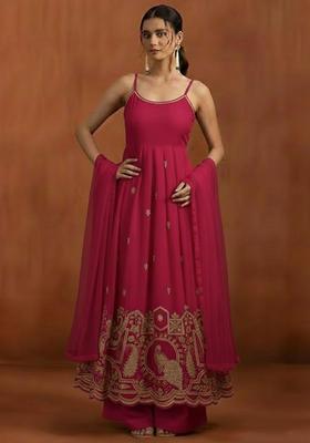 Pink Printed Crepe Anarkali Set