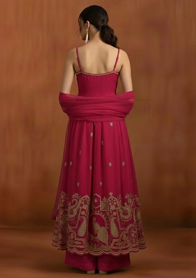 Pink Printed Crepe Anarkali Set - Indya