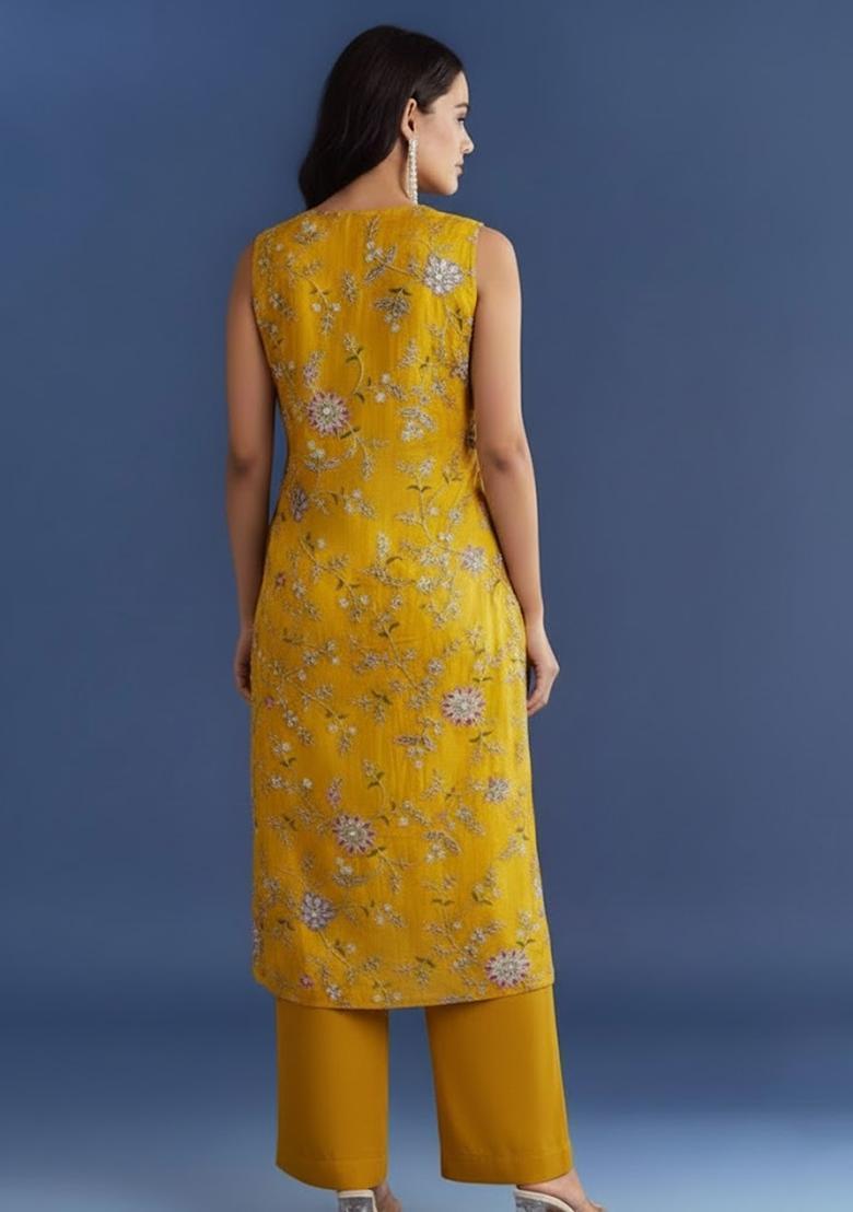 Yellow Embroidered Crepe Kurta Set - Indya