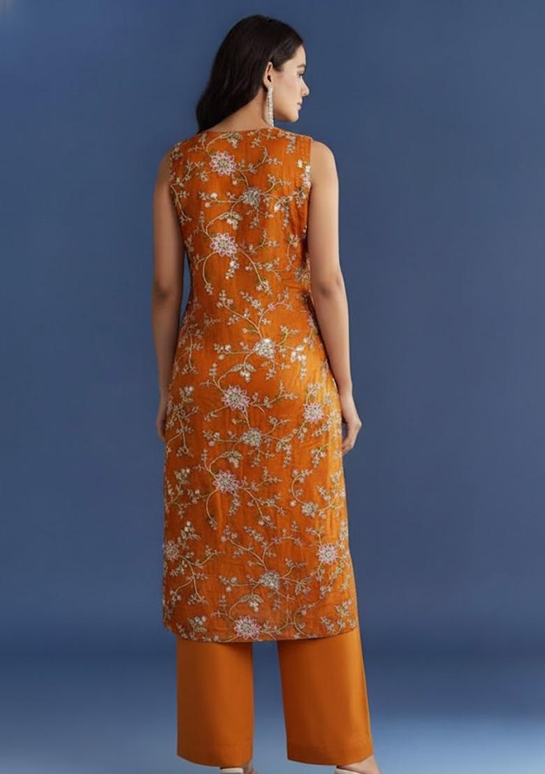 Orange Embroidered Crepe Kurta Set - Indya