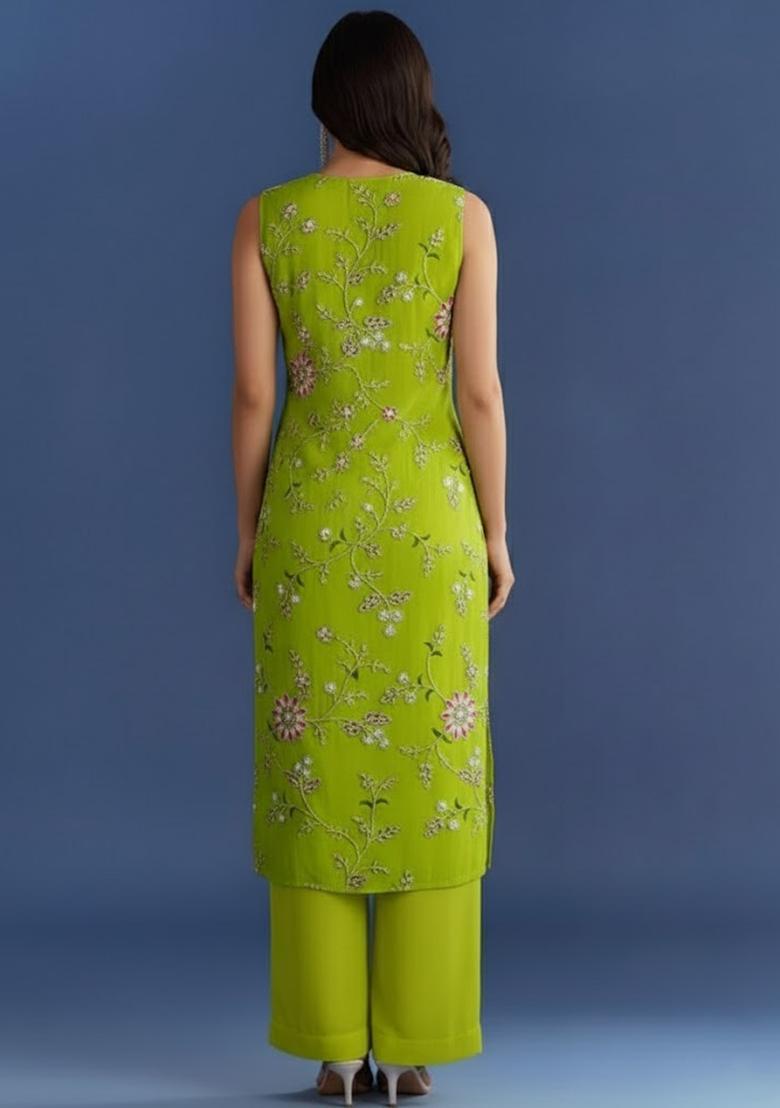 Parrot Green Embroidered Crepe Kurta Set - Indya