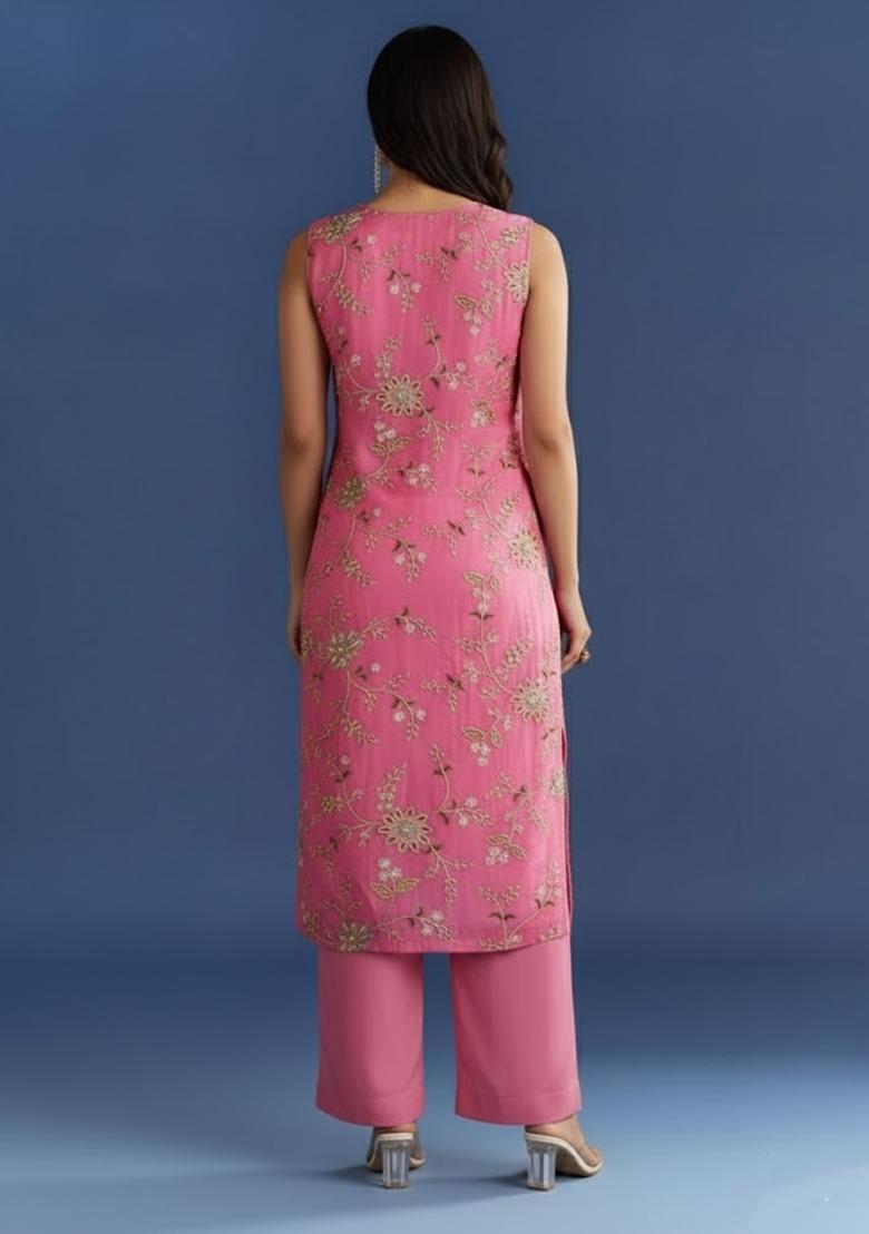 Pink Embroidered Crepe Kurta Set - Indya