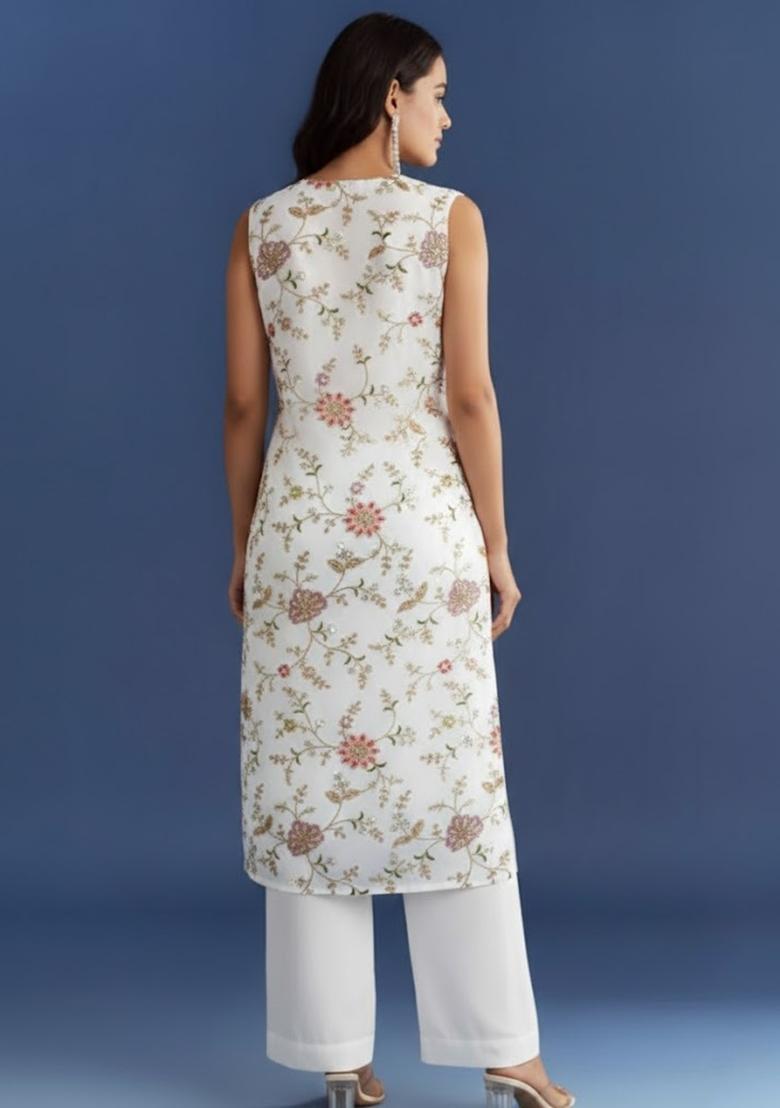 White Embroidered Crepe Kurta Set - Indya
