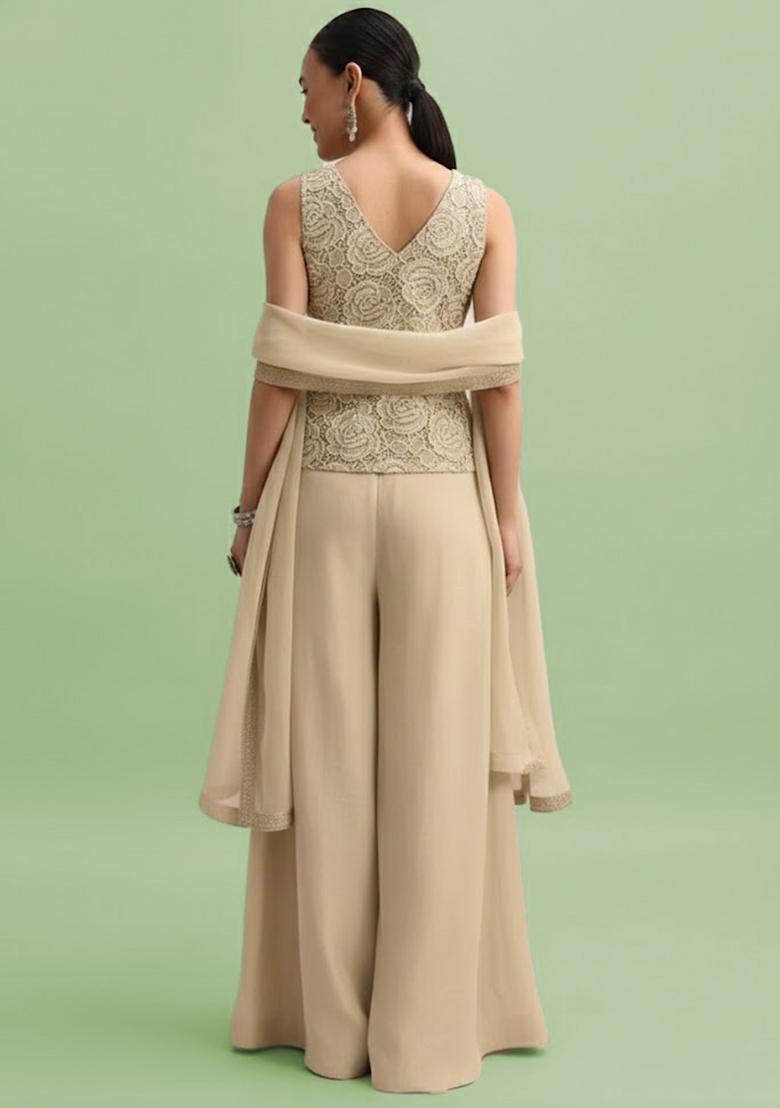 Cream Embroidered Crepe Fusion Set - Indya