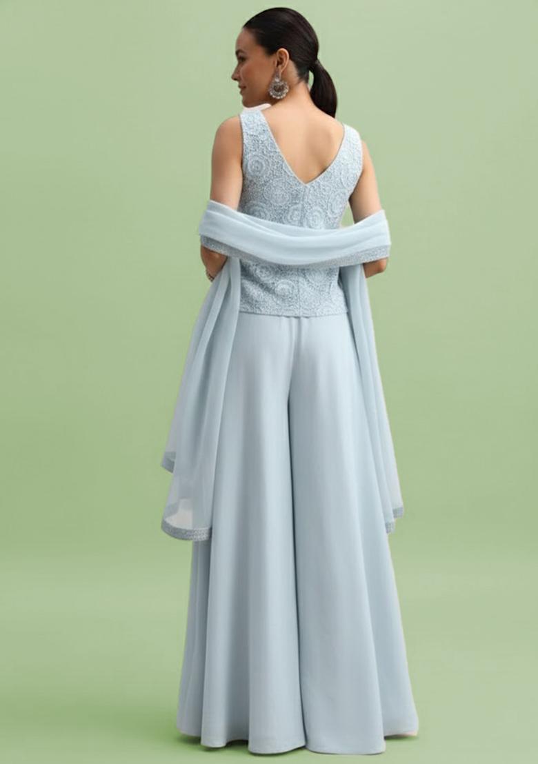 Light Blue Embroidered Crepe Fusion Set - Indya