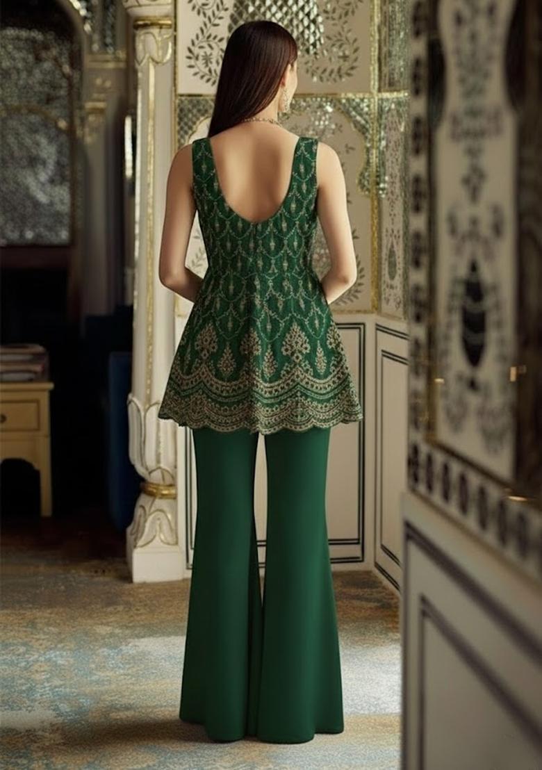 Bottle Green Sequin Shimmer Fusion Set - Indya