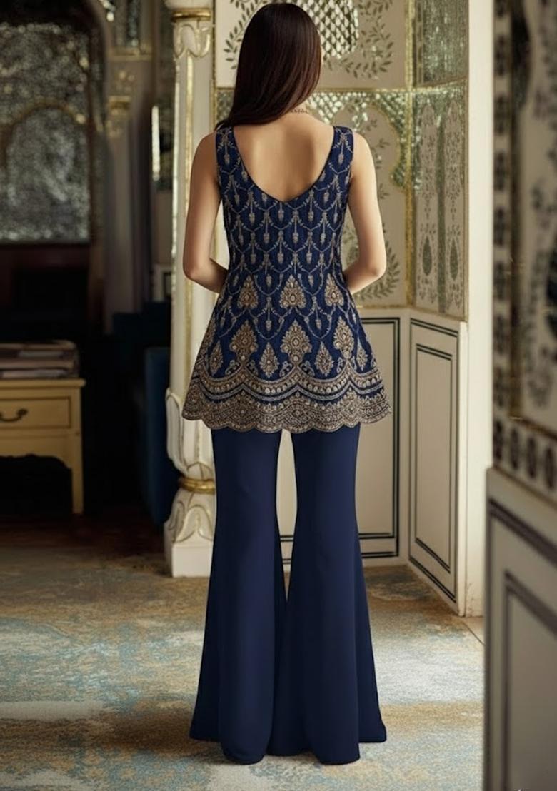 Navy Blue Sequin Shimmer Fusion Set - Indya