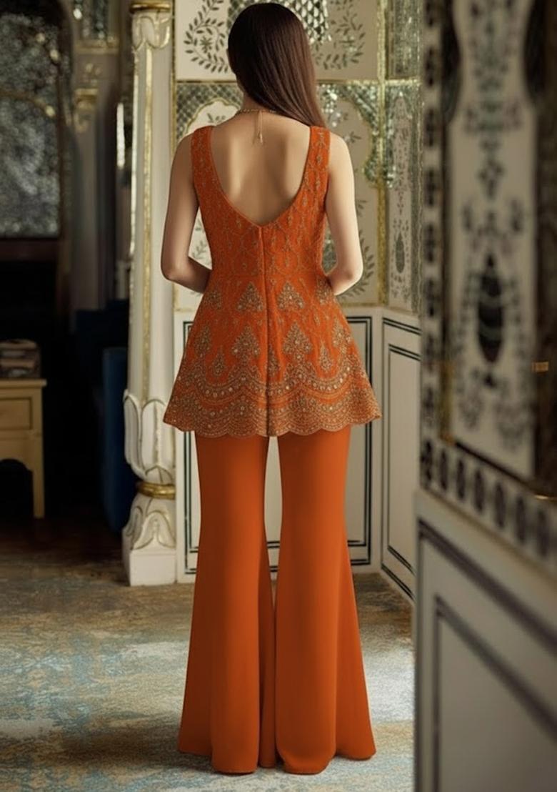 Orange Sequin Shimmer Fusion Set - Indya