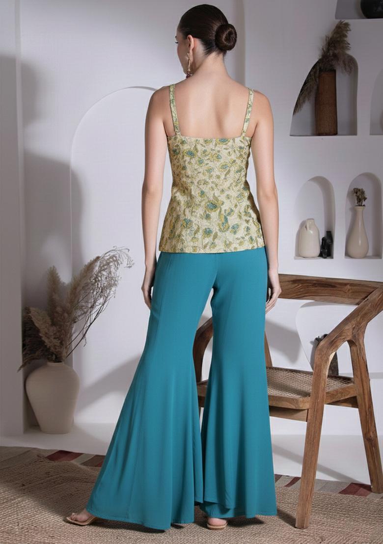 Cream Floral Print Organza Fusion Set - Indya