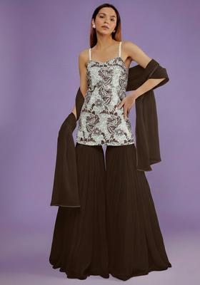 Dark Brown Embroidered Cotton Sharara Set