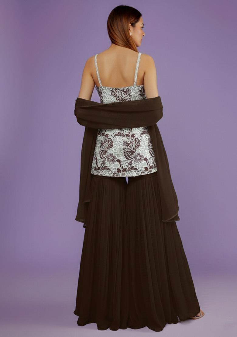 Dark Brown Embroidered Cotton Sharara Set - Indya