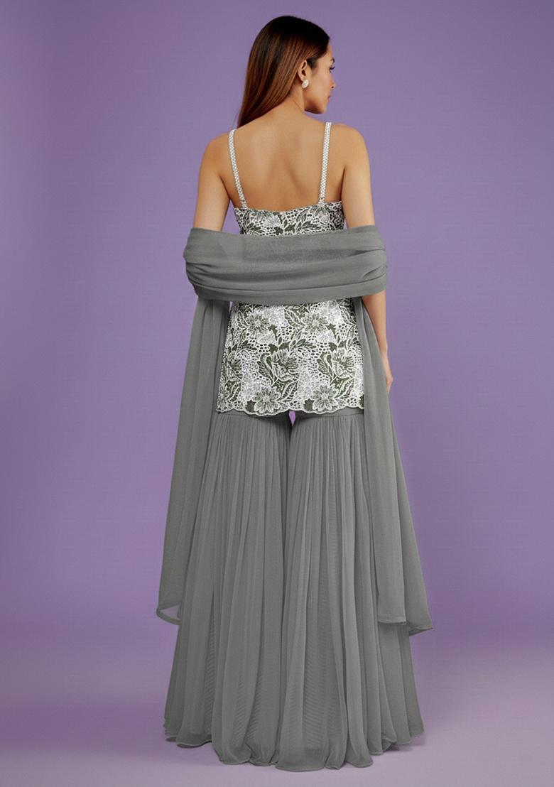 Steel Grey Embroidered Cotton Sharara Set - Indya