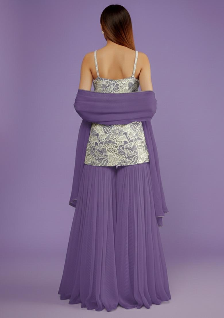 Lavender Embroidered Cotton Sharara Set - Indya