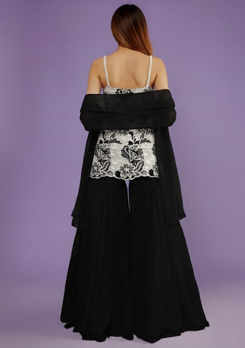 Black Embroidered Cotton Sharara Set - Indya