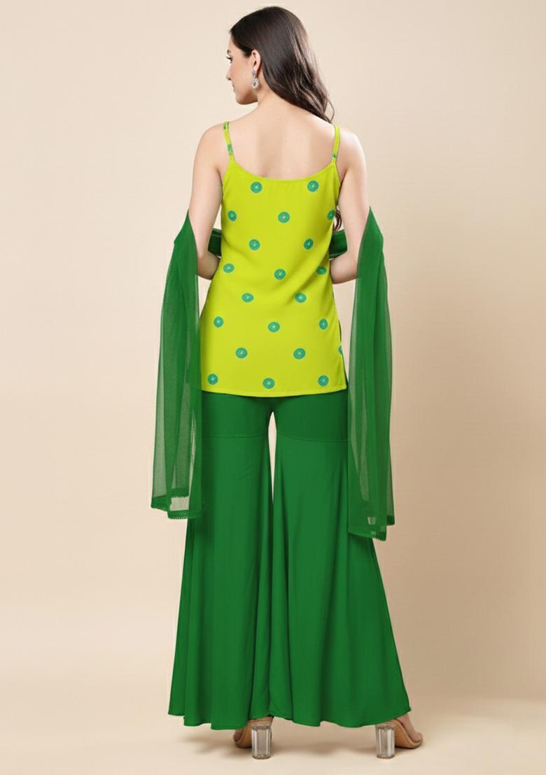 Lime Green Batik Print Satin Sharara Set - Indya