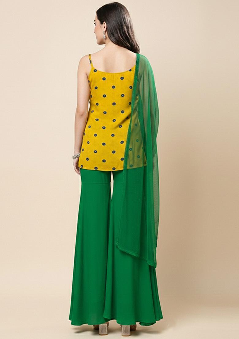 Mustard And Green Batik Print Satin Sharara Set - Indya