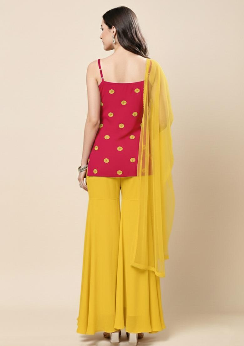 Pink And Yellow Batik Print Satin Sharara Set - Indya