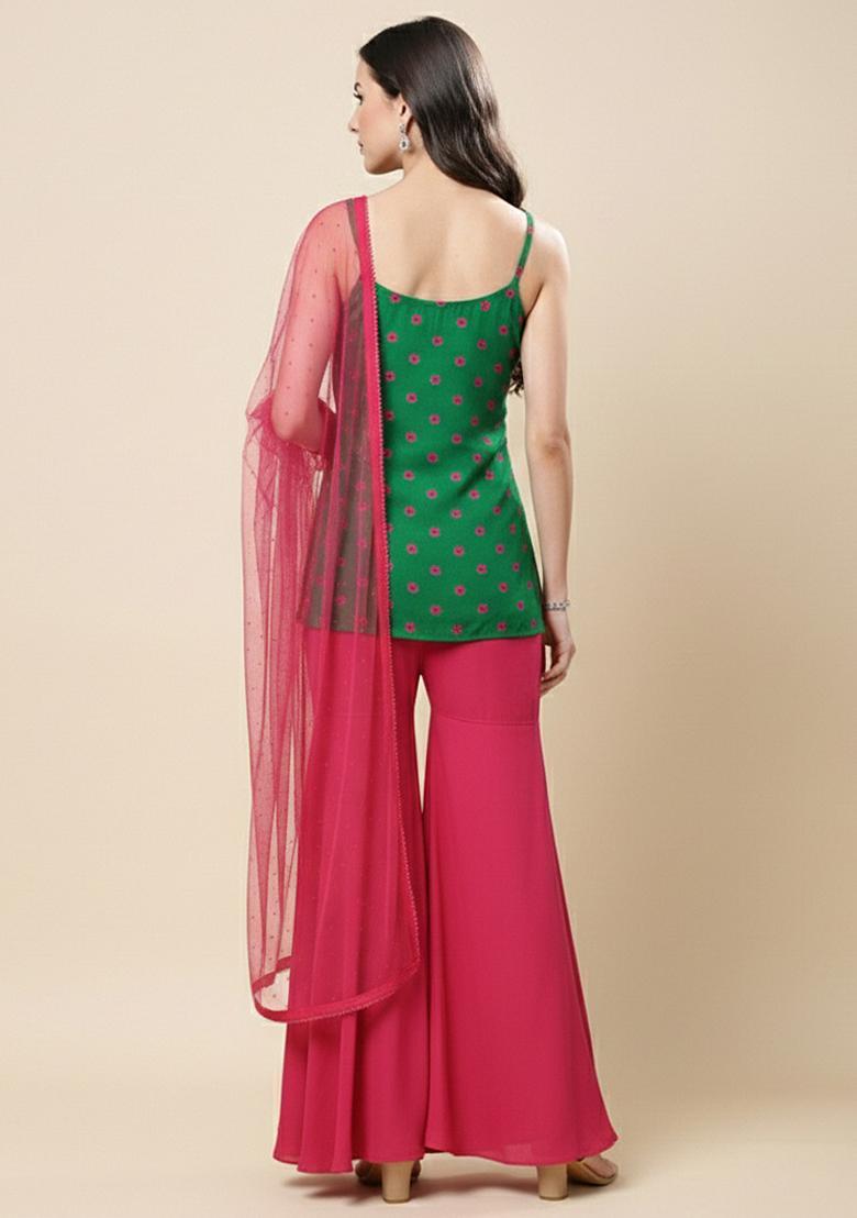 Green And Pink Batik Print Satin Sharara Set - Indya