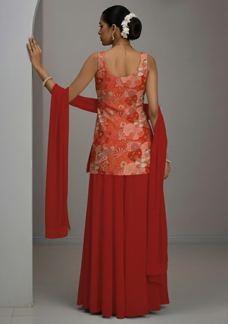 Dark Red Floral Print Crepe Sharara Set - Indya