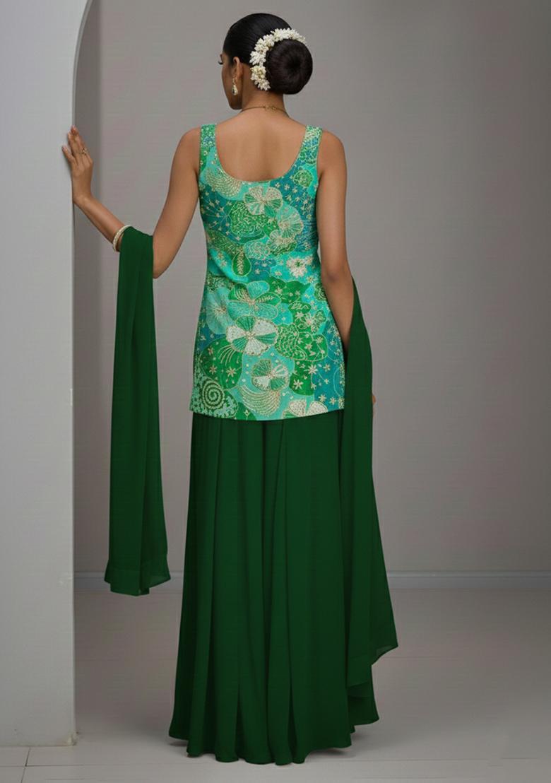 Bottle Green Floral Print Crepe Sharara Set - Indya