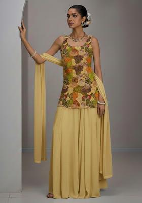 Beige Floral Print Crepe Sharara Set