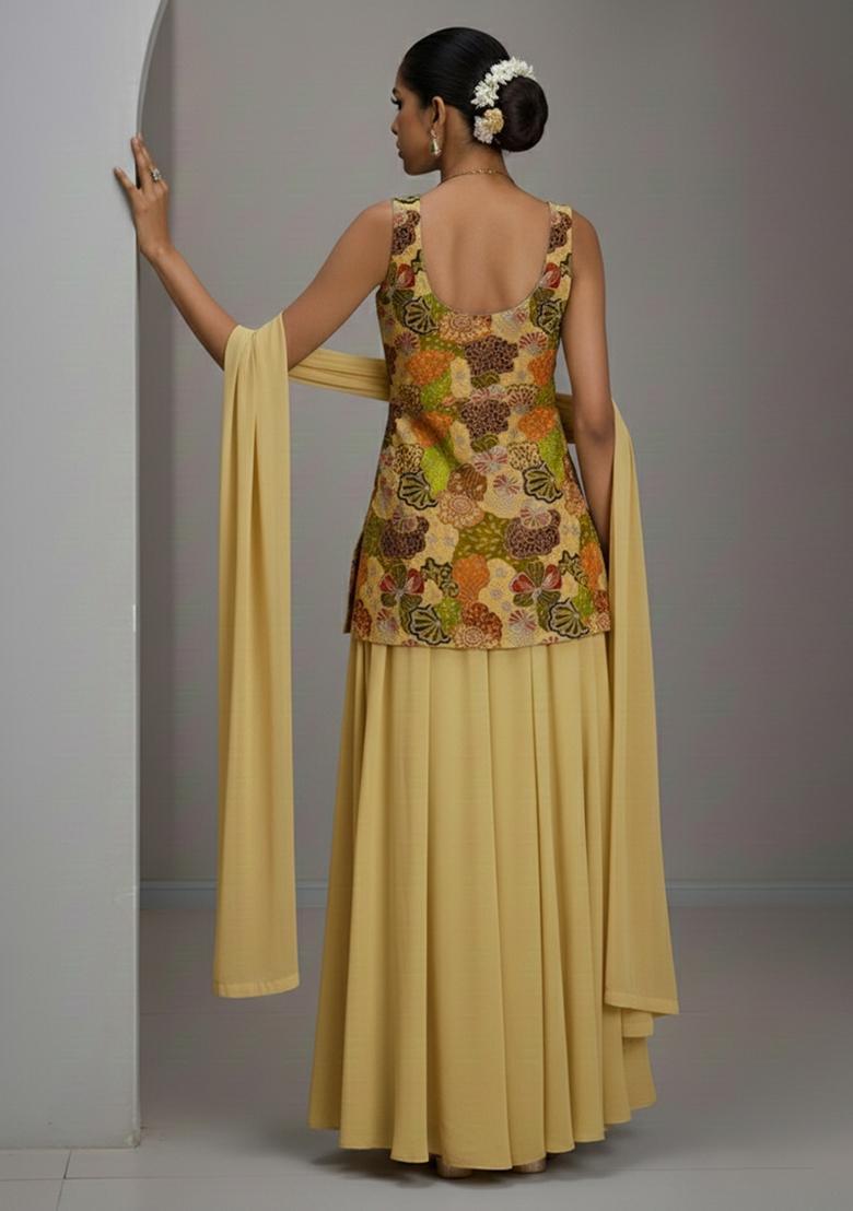 Beige Floral Print Crepe Sharara Set - Indya