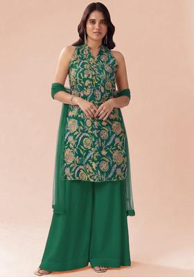 Emerald Green Floral Print Crepe Kurta Set