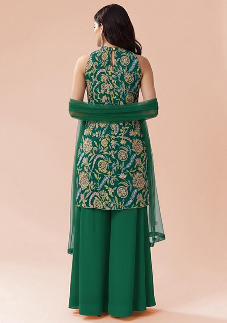 Emerald Green Floral Print Crepe Kurta Set - Indya