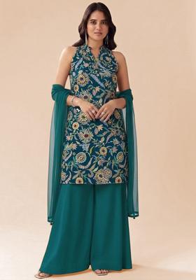 Teal Green Floral Print Crepe Kurta Set