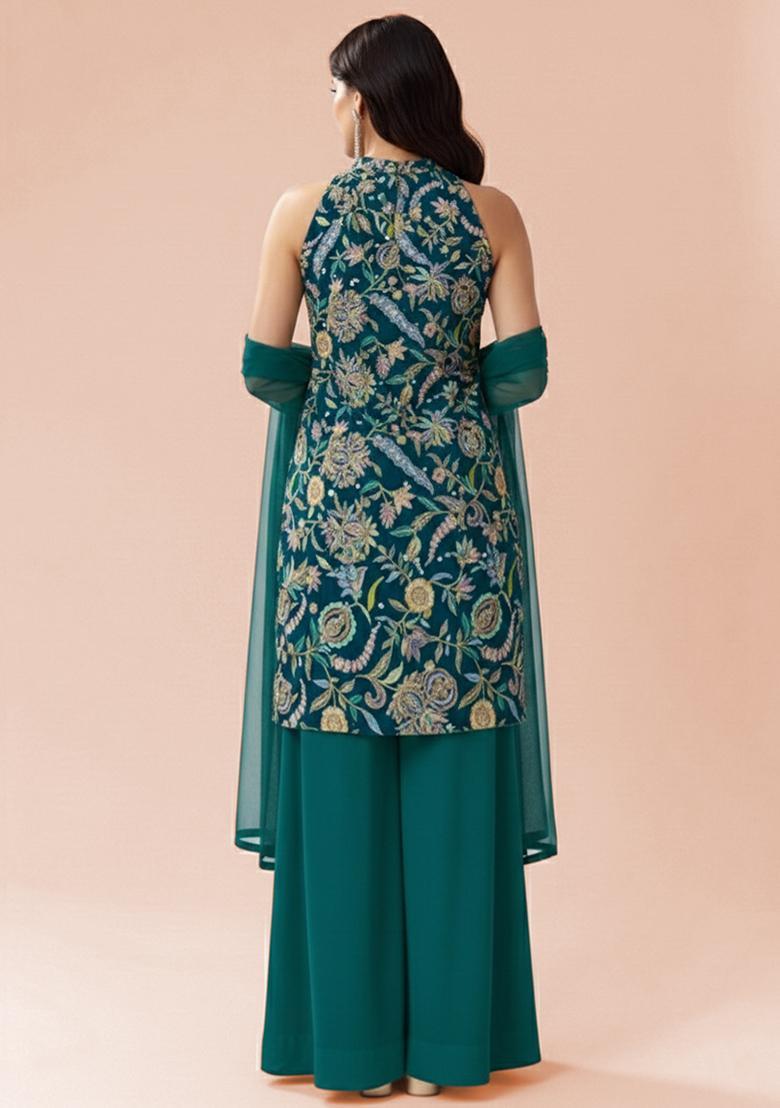 Teal Green Floral Print Crepe Kurta Set - Indya