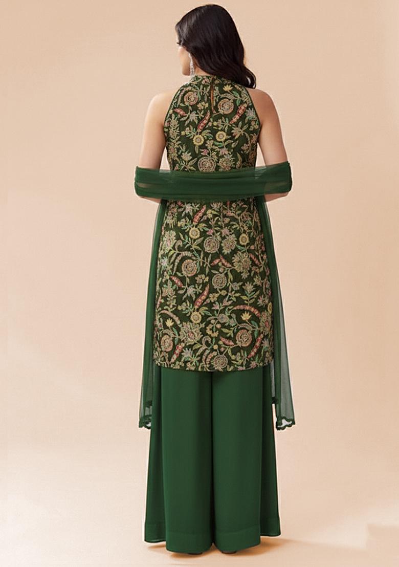 Bottle Green Floral Print Crepe Kurta Set - Indya