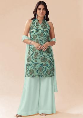 Soft Blue Floral Print Crepe Kurta Set