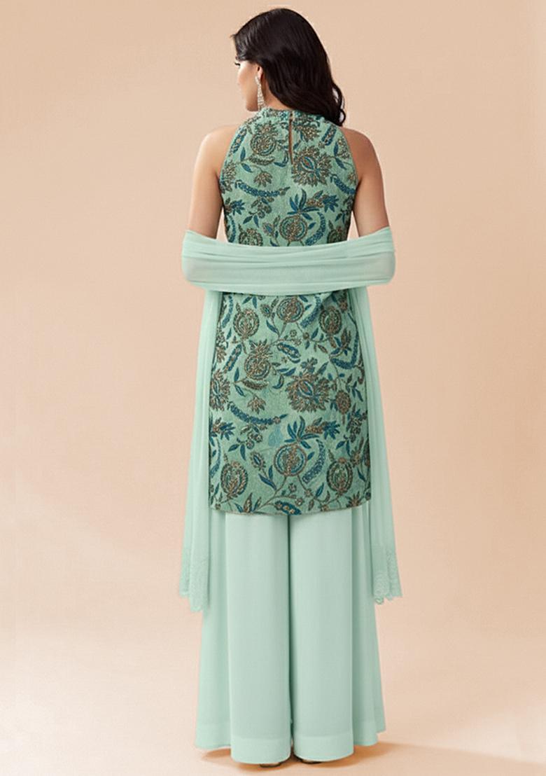 Soft Blue Floral Print Crepe Kurta Set - Indya