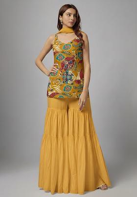 Mustard Printed Crepe Sharara Set