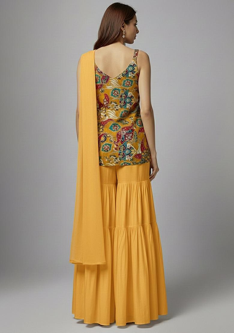 Mustard Printed Crepe Sharara Set - Indya