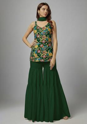 Bottle Green Printed Crepe Sharara Set