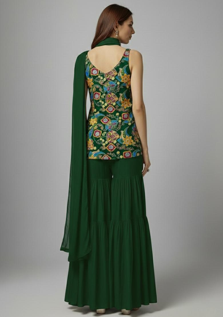 Bottle Green Printed Crepe Sharara Set - Indya